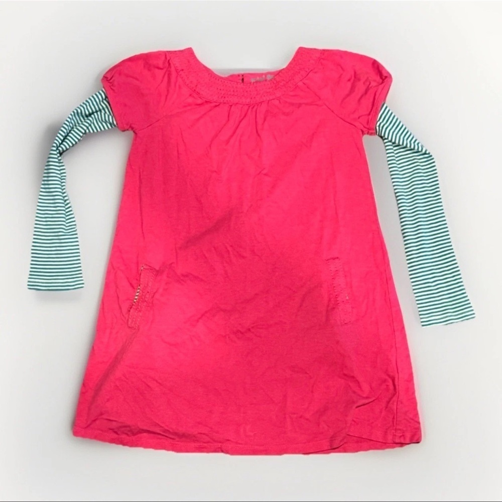 Mini Boden Girls Dress 6-7 Years Pink Green Stripe Long Sleeve Pockets Cotton